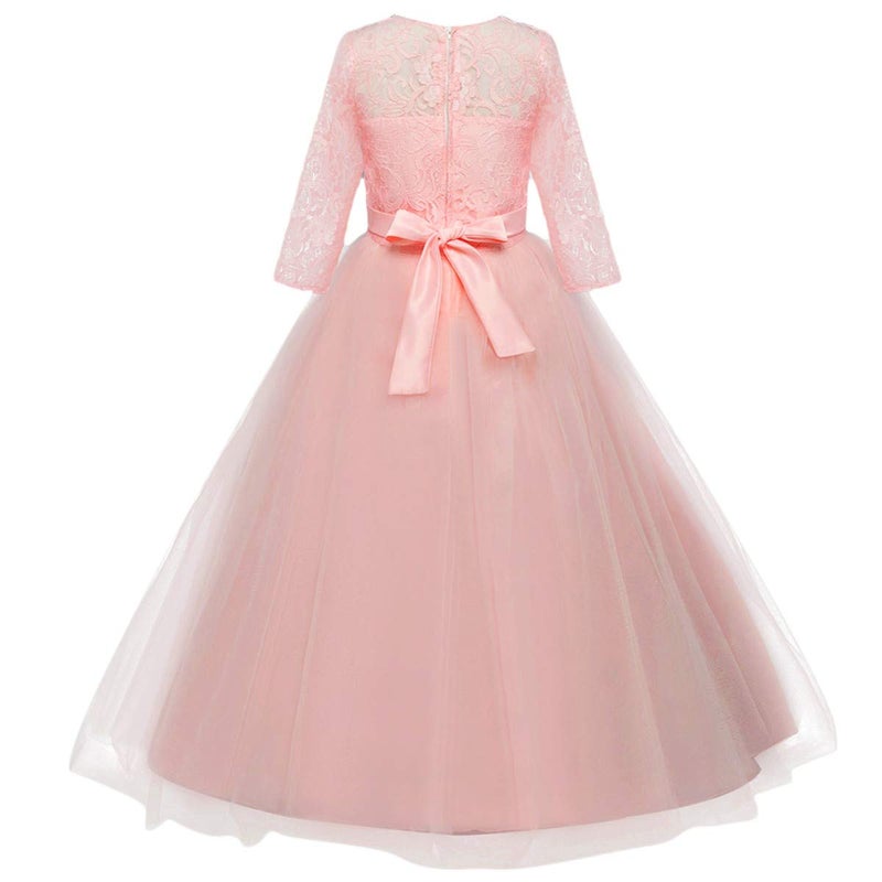 HIHCBF Flower Girls 3/4 Sleeves Lace Tulle A-Line Dress Floor Length Pageant Party Wedding Maxi Evening Dance Prom Ball Gown Pink 2-3T - Image 5